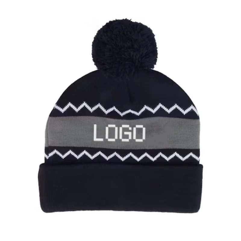 Acrylic Jacquard Black Beanie With Pom Warm Knit Skull Cap Soft Cuff Beanie Custom Embroidery Logo Daily Winter Hats For Women