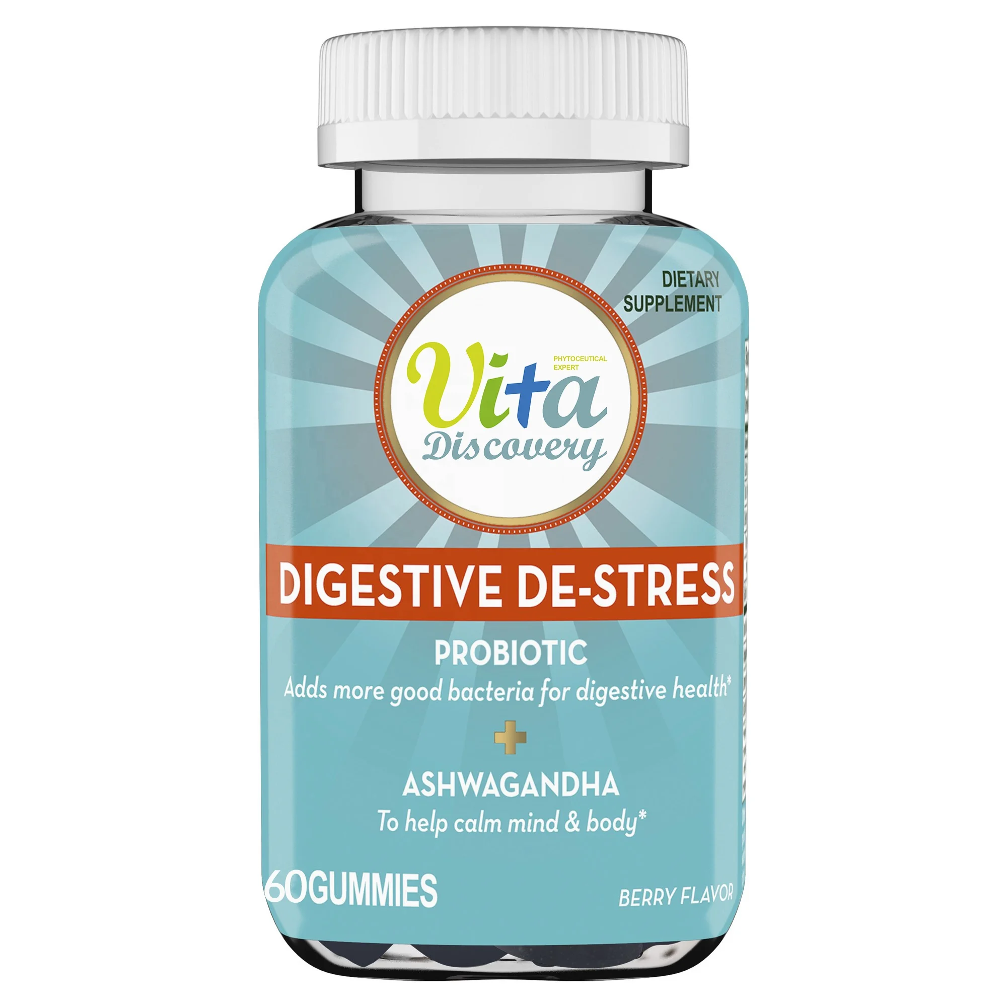 Private Label Probiotic Gummies with good bacteria and ashwagandha for digestive health and reduce occasional stress