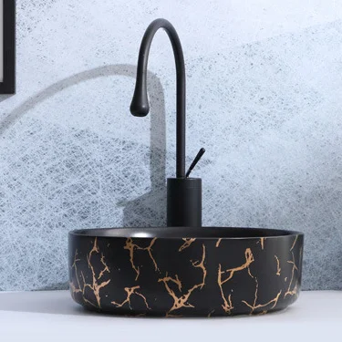 Hot sale marble pattern countertop sink ceramic art hand wash basin countertop matte black bathroom sinks