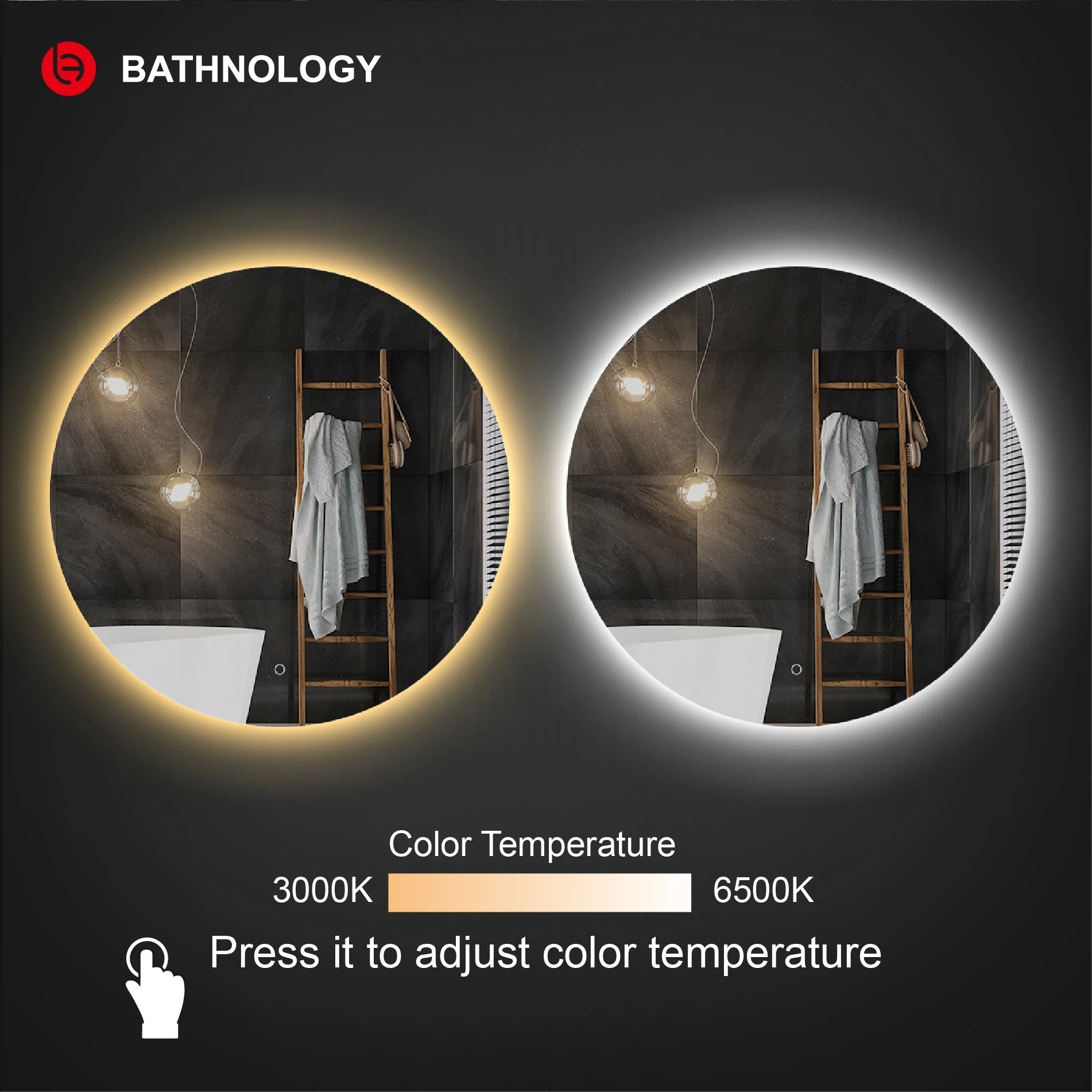 Modern round led mirror Anti-fog Function 5mm Double Screen Touch round design led mirror bathroom