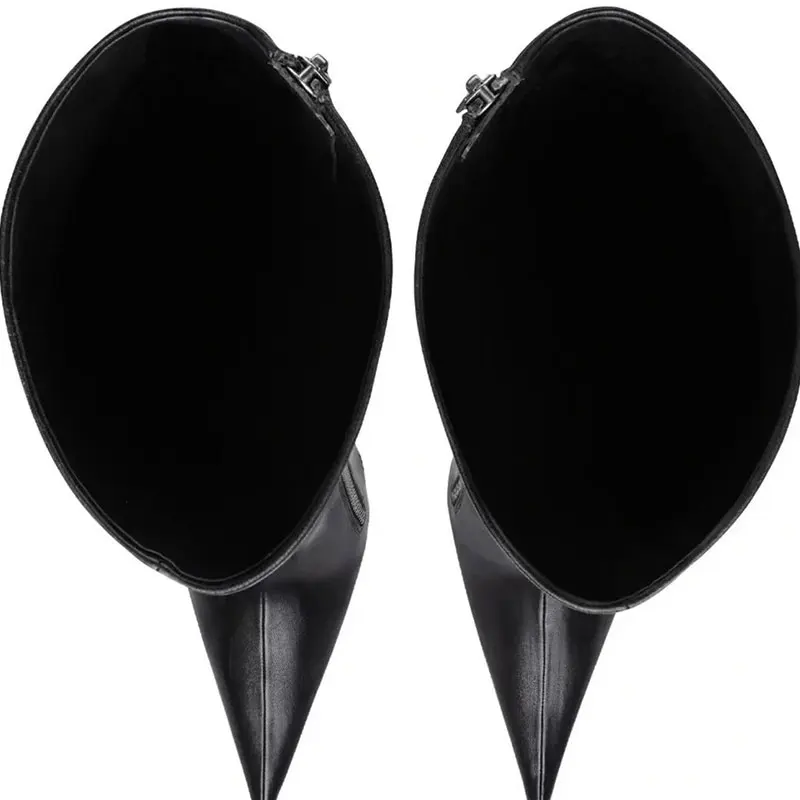 Xinzirain Custom Design Large Size Strange Stiletto Heels Pointed Toe Side Zipper Leather Boots Women Knee-High