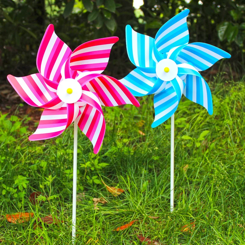Inexpensive 30cm Hexagonal Striped Plastic Toy Windmill for Outdoor Garden Decoration Gift