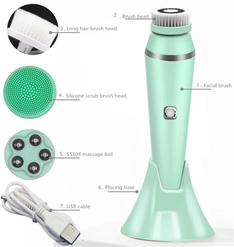 Free sample  4in One Facial Cleanser Brush Private Label Replaceable Cleaning Brush Head Waterproof Electric Face Brush