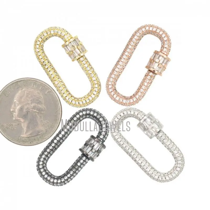 FC30764 Copper Jewelry Oval Shape Screw Clasp With Clear Cubic Zirconia Paved Carabiner Lock Accessory 17x30 mm