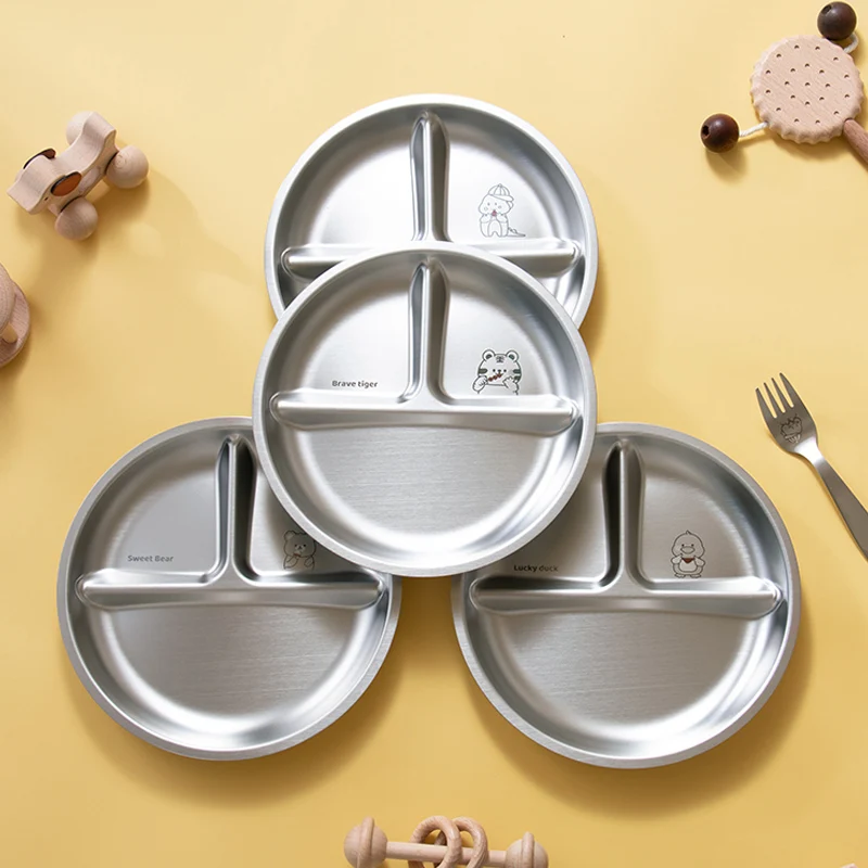 Cute Cartoon Animal Children Stainless Steel 304 Tableware Round 3-Compartment Plate Dinner Set for Kids Baby