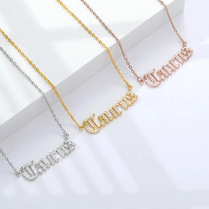 Old English Font Diamond 12 Zodiac Sign Necklace for Women