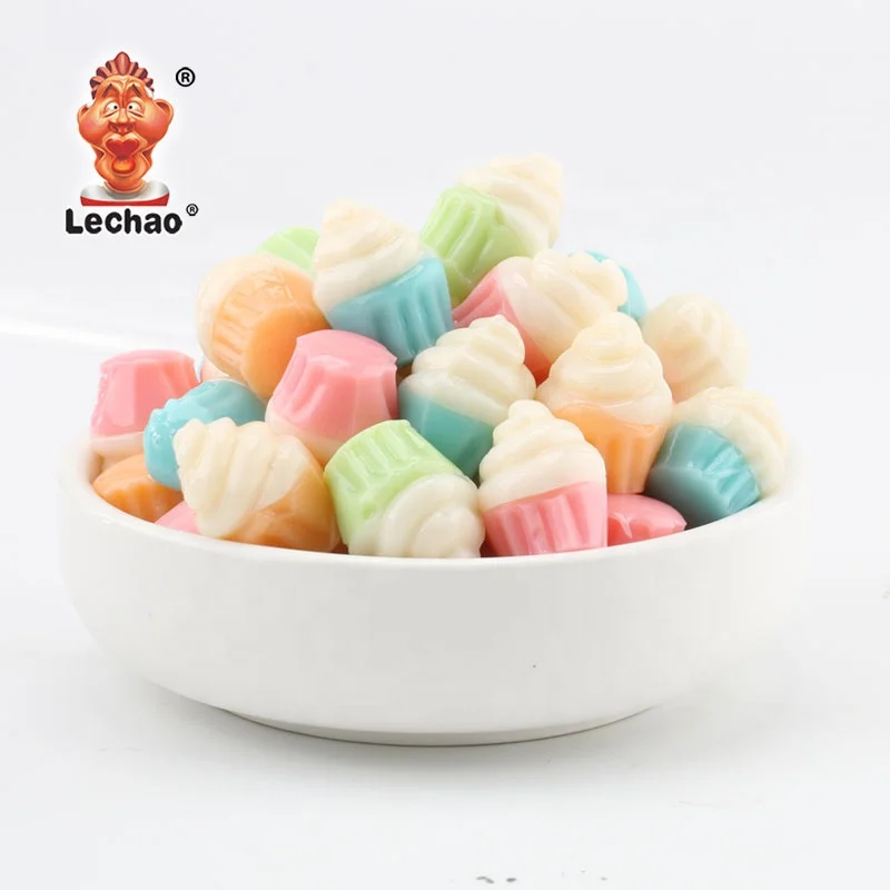 Factory wholesale cartoon gummy candy sweet 3d 4d cupcake cakes shape halal gummy mix fruit candy