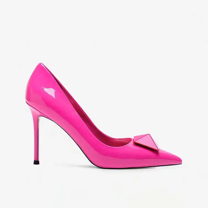 Custom Heels Pumps Manufacturer Patent Leather Luxury Stiletto Heels Pointy Toe Rivet Pumps Custom Heels For Women With Logo