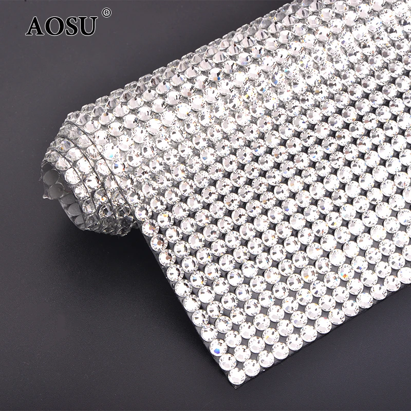 AOSU 24*40cm Diamond Strass Fabric Sheet Applique Crystal AB Self Adhesive Glass Rhinestone Trim Mesh For Clothes