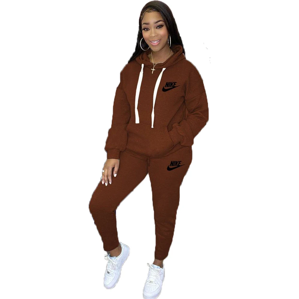 New Upgrade Nike High Quality Fall Pullover Solid Color Sweatsuit Women Joggers Sport Long Sleeve 2 Piece Hooded