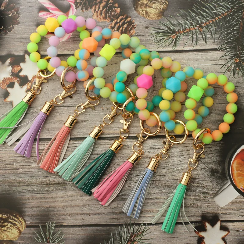 2023 New Tie Dye Fluorescent Luminous Silicone Bead Bracelet Bangle Key Ring For Women Nightclub Pendant Wrist Keychain