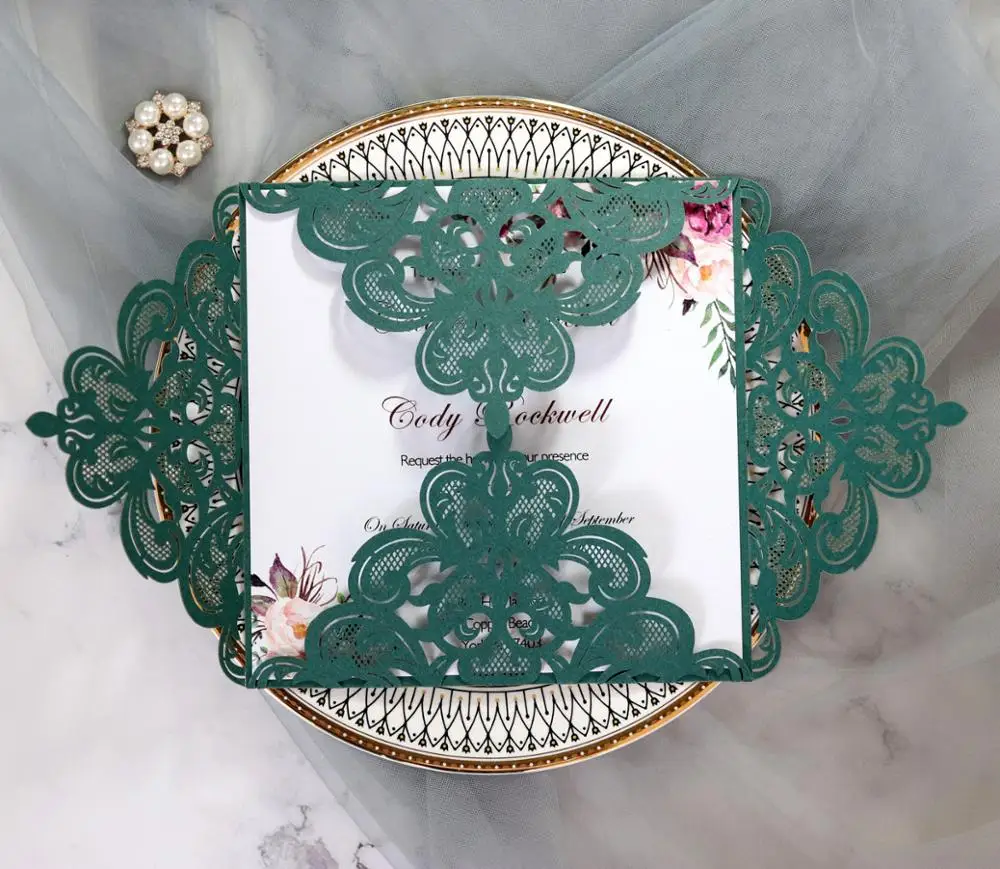 
European wedding lace invitation card holiday greeting card hollow dark green invitation card 