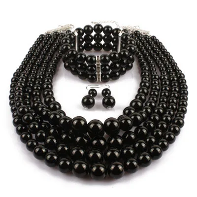 Exaggerated multilayer pearl beading bracelet earring necklace set