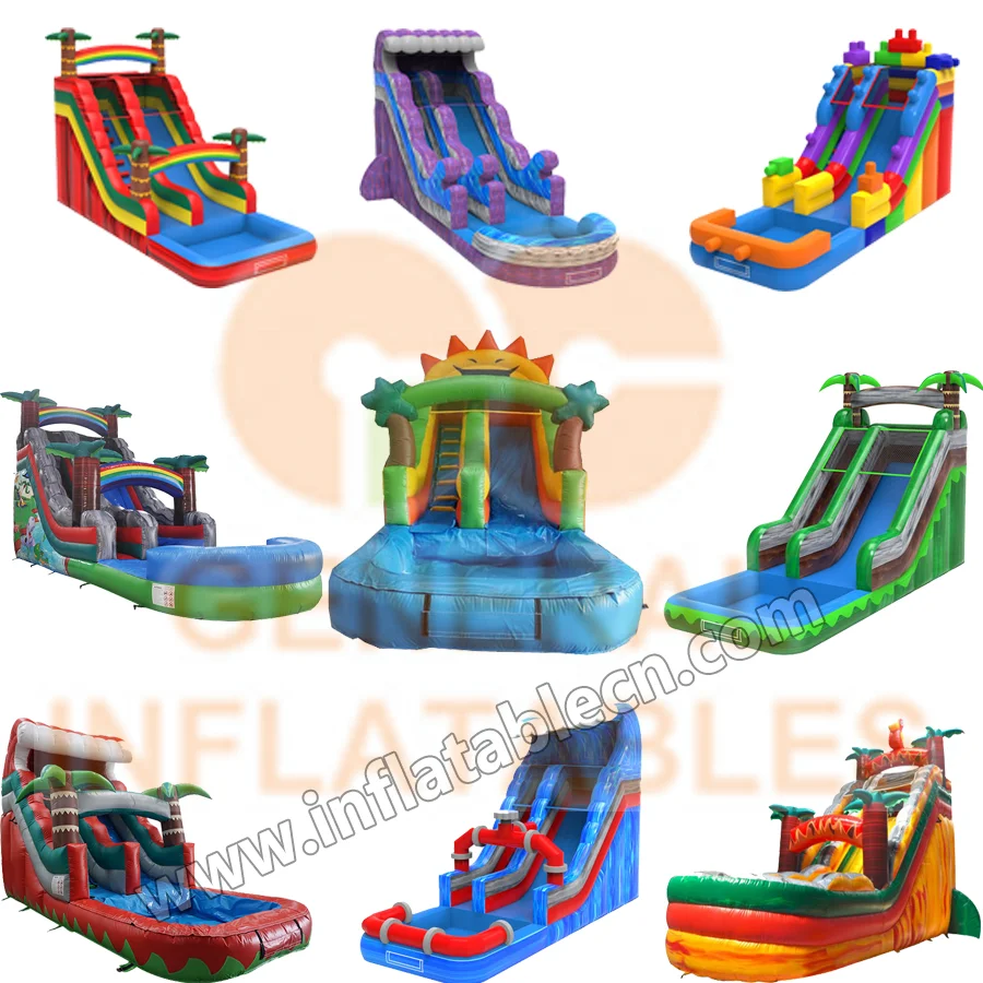 Big bule  wave water slide Children Cheap Tropics Palm Tree Adult Kids Commercial  Inflatable Water Slides Pool For sale