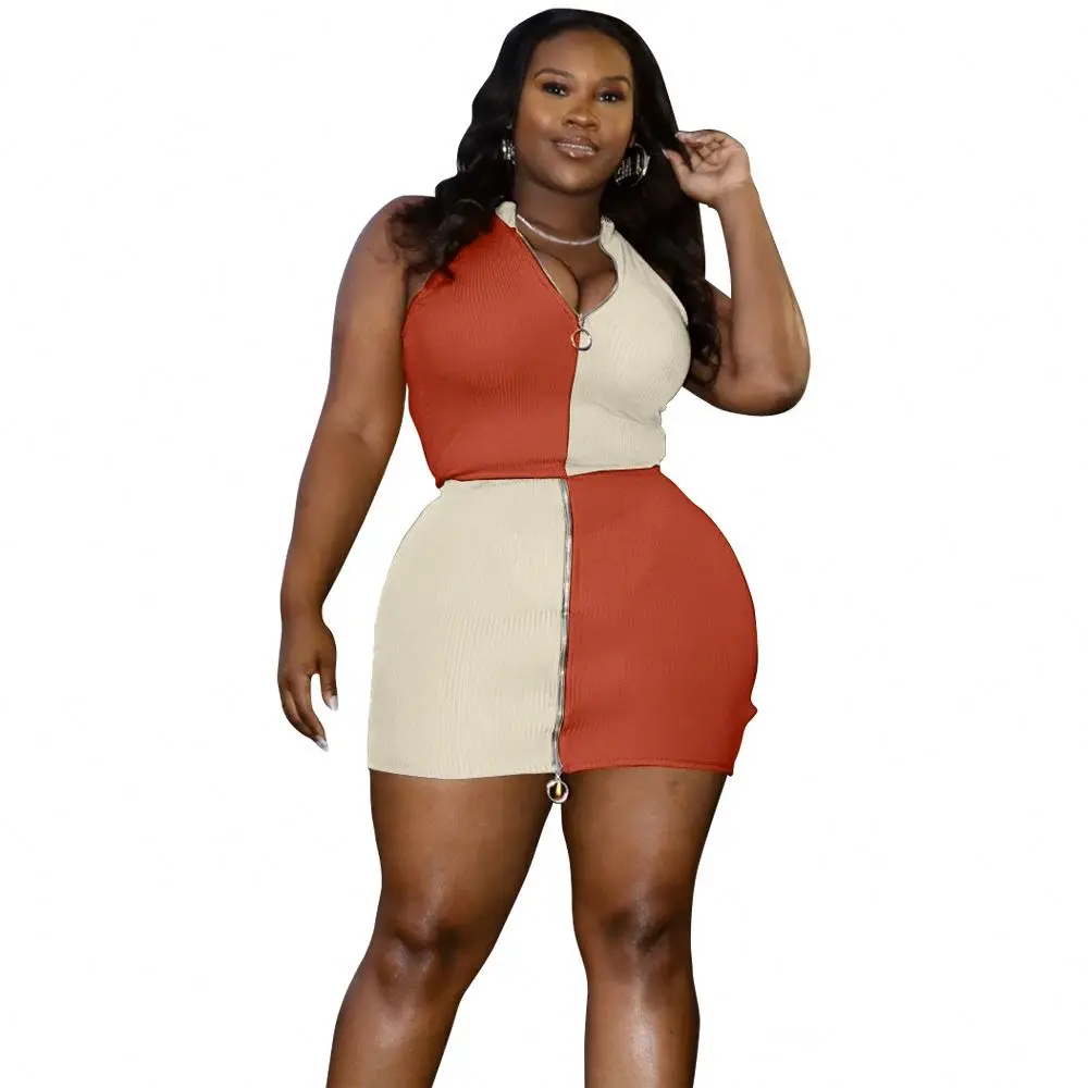 Wholesale Plus Size 5XL Women Casual Dresses With Zipper Fashion Two Piece Skirt Set Dress For Fat Woman