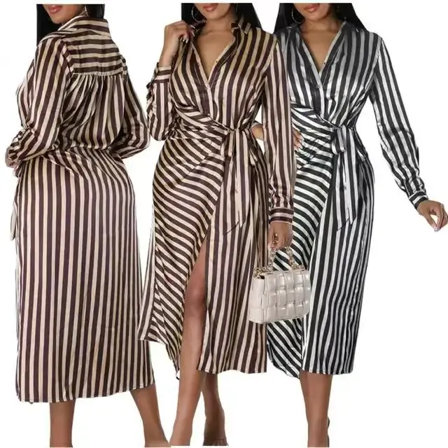 Trendy Elegant Shirt Dresses Turn-down Collar Loose Stripe Long Sleeve Ladies Office Dresses Women Casual Africa Dress