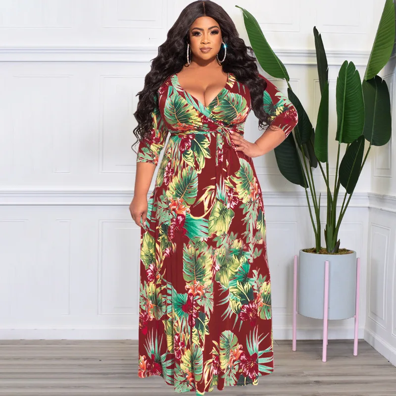 4xl 5xl Plus Size Maxi Dress Women 2022 Summer V Neck Short Sleeve Floral Print Yellow Dress for Women Large Size Beach Dresses
