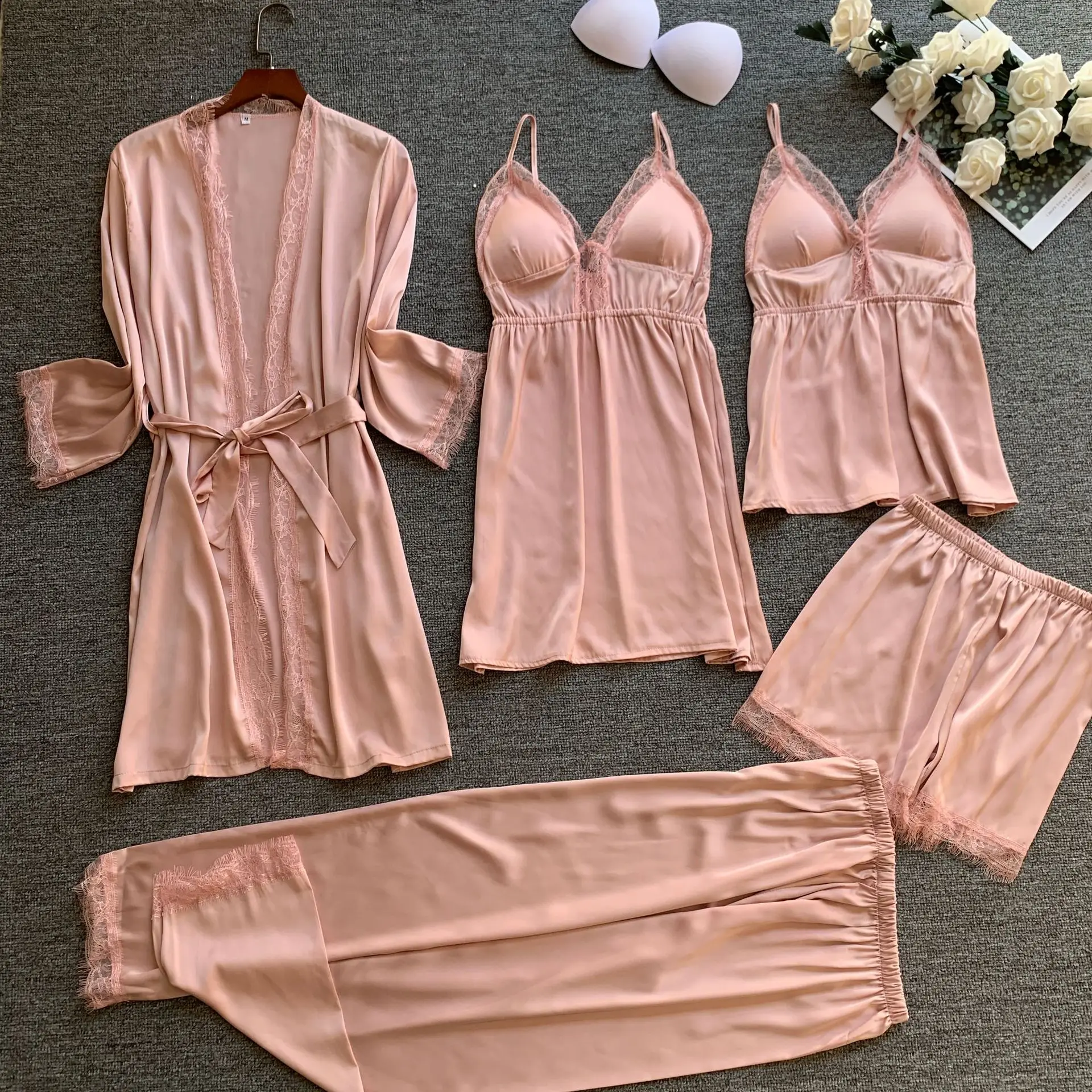 NEW ARRIVAL wholesale 5 piece Satin Robe sets sexy lace babydoll for women summer lingerie Silky cami pajama set