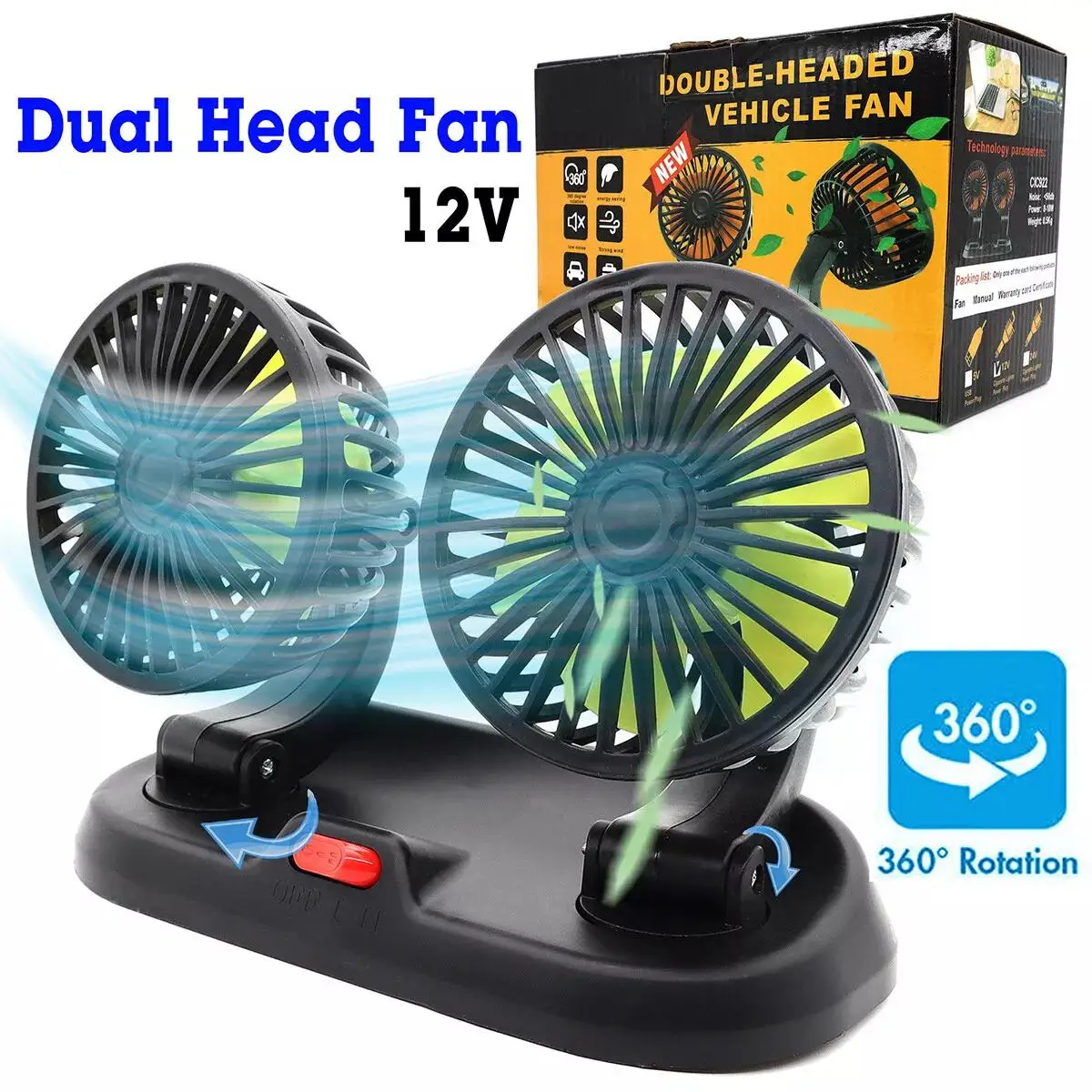 12/24V Car Dual Head Cooling Fan 360 Rotatable Fun Auto Truck Air Cooler