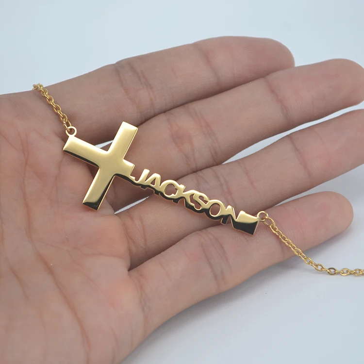 High Quality Men Religious Jewelry 14K 18K Gold Plated Chain Cross Pendant Name necklace