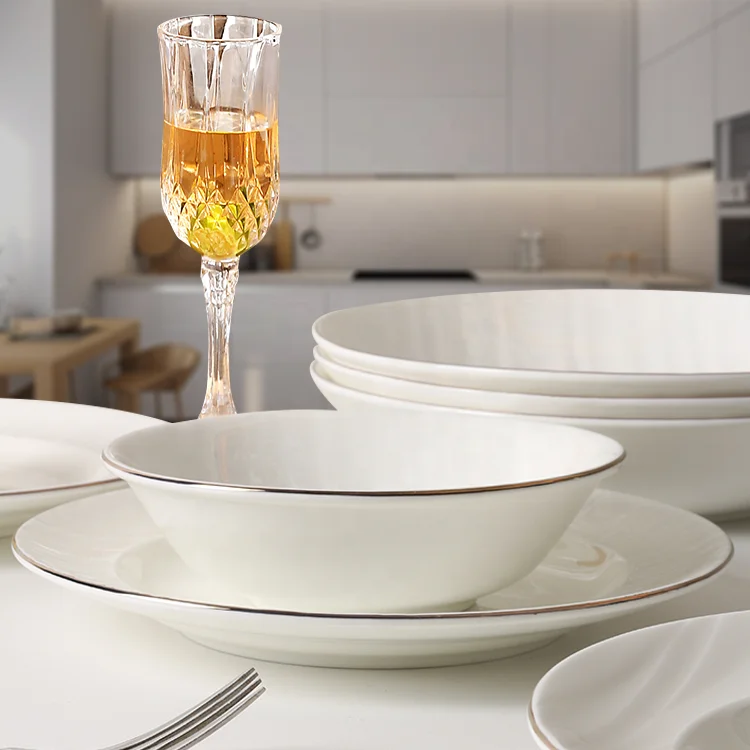 24 pcs dinnerware sets white gold rim bone china dinner set with best price