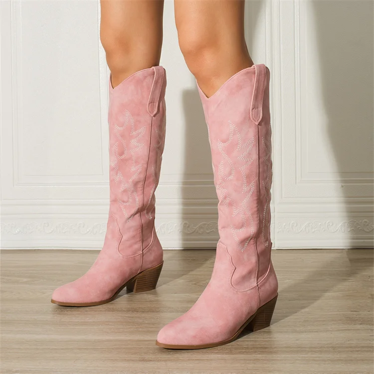 Knee High Seam Mid Heel Almond Pointed Toe Classic Cowgirl Boots Pull On Embroidered pull-on Wide shaft cowboy boots