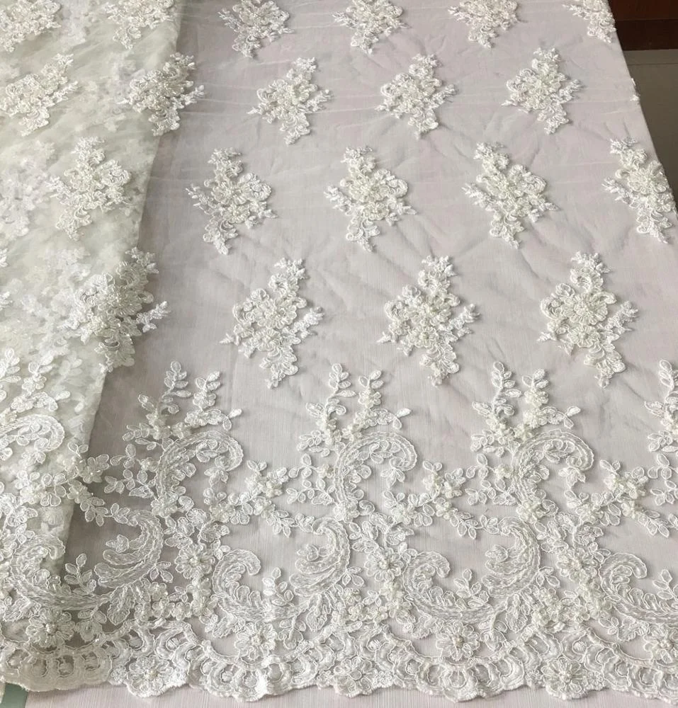 high quality bridal cord lace fabric hand beaded sequin embroidery lace fabric , fancy wedding dress fabric