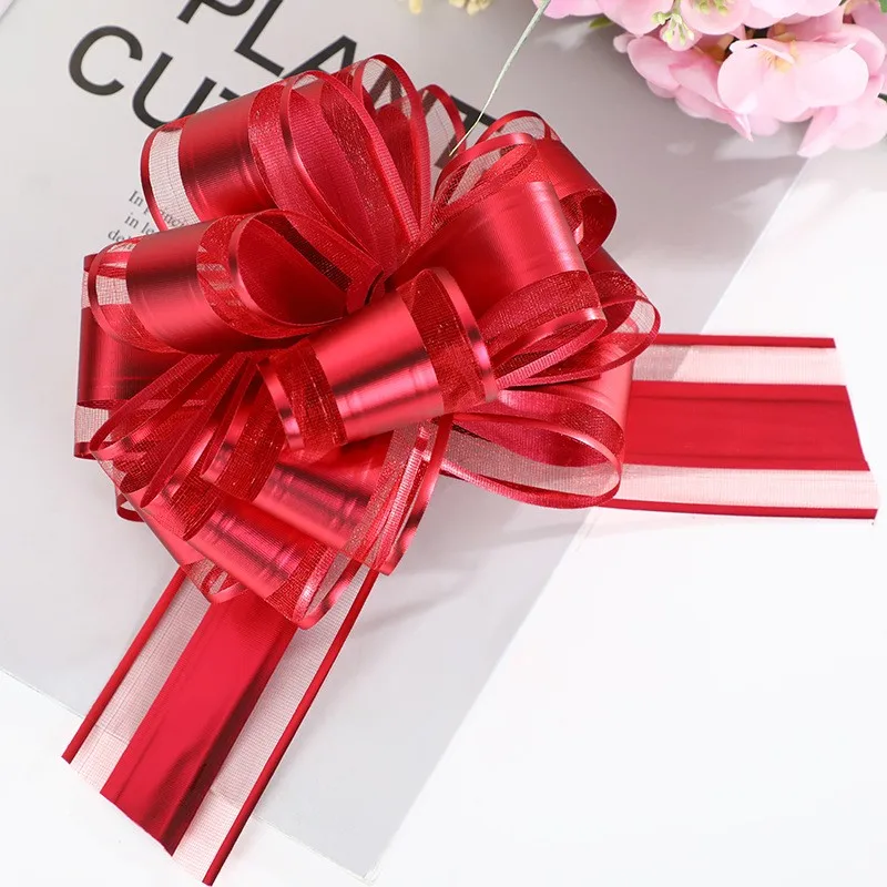 Wedding Car Christmas Decoration Flower Ball Snow Yarn Organza Pom Draw Bow Ribbon Large Pull String Bows