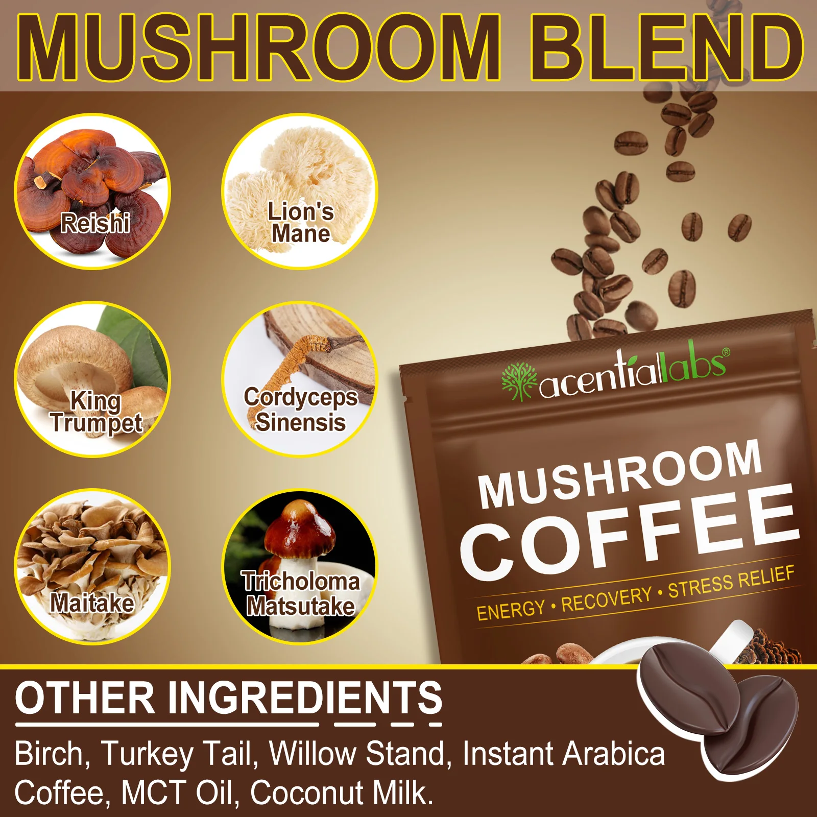 ACENTIALLABS Wholesale Natural Better Focus Energy Digestion Immune Support Organic Ground Coffee Everyday Dose Mushroom Coffee