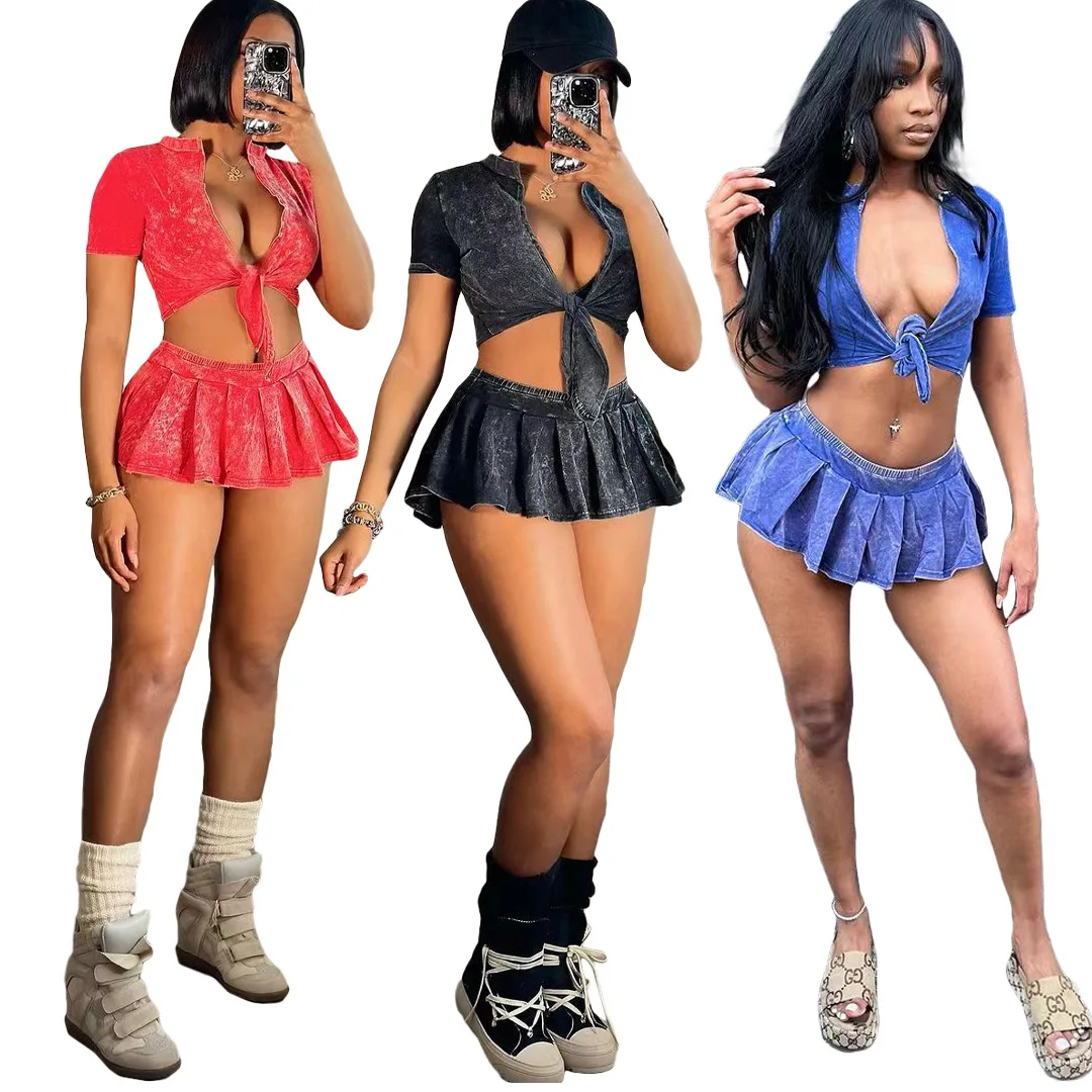 2024 summer S-XL fashion short sleeve women two piece pleated skirt set with shorts