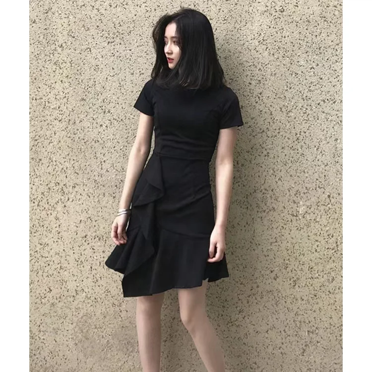 ODM Wholesale Latest Design Casual Black Dress Ladies Fashion Office Wear Midi Dress Women Short Sleeve Asymmetrical Dress