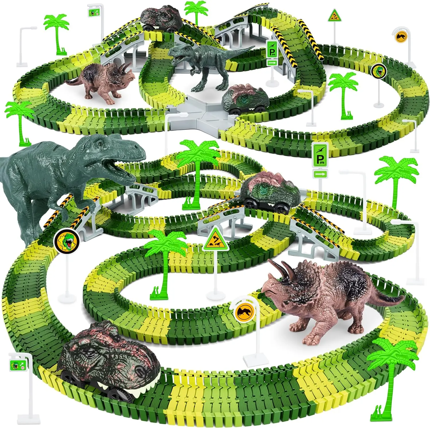 Dinosaur Toys 252pcs Create A Dinosaur World Road Race Flexible Track Play set and 2 pcs Cool Dinosaur car for Boys Girls