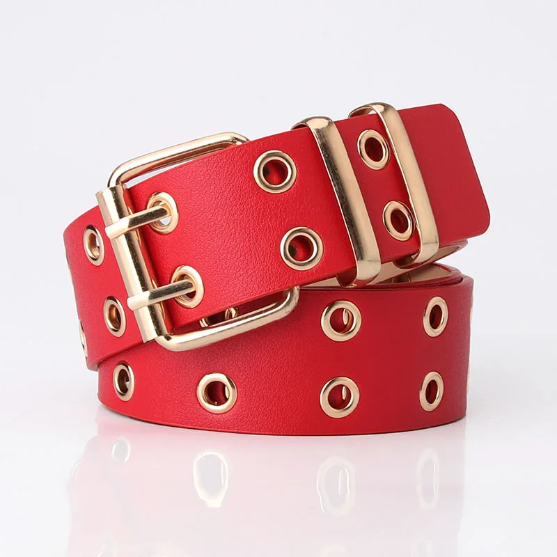 New Design Wide Waistband Double Grommet Hole Buckle Leather Belt Female Male Waist Strap Belts for Women Men Jeans