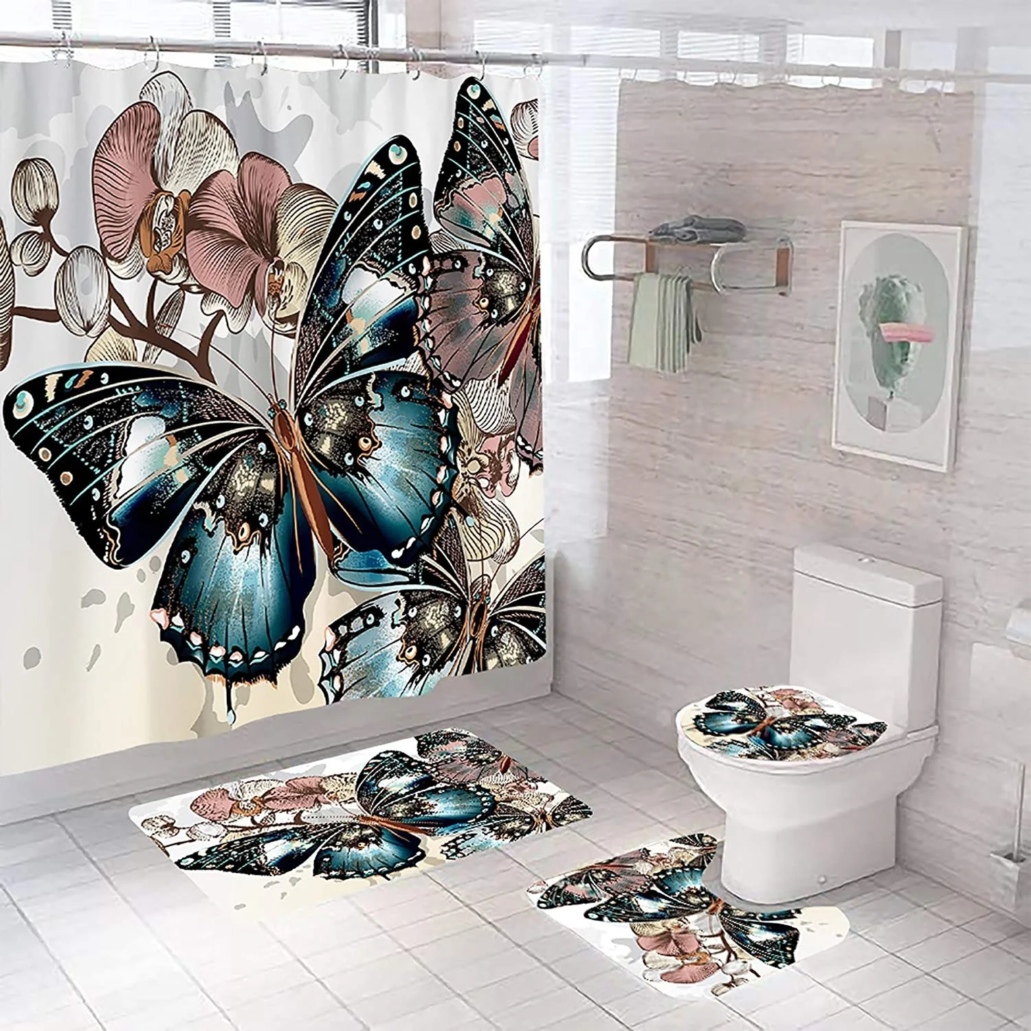 
4 Pcs Monarch Butterflies Shower Curtain Set with Non-Slip Rugs, Toilet Lid Cover and Bath Mat Colorful Floral with Butterflies 