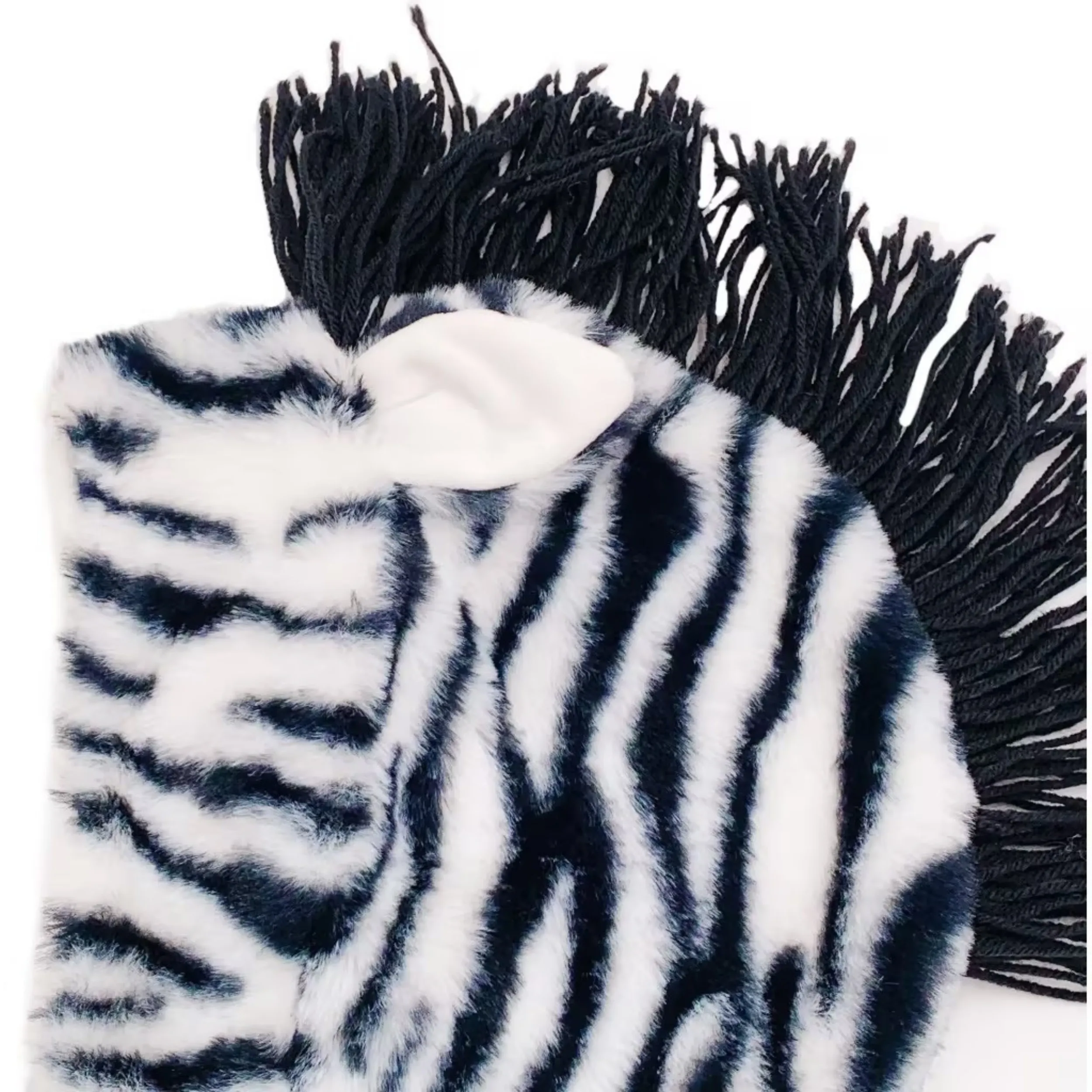Furry Bunny Black And White Animal Kids Girls Adult Fur Winter Warm Long Scarf Plush Hat Mittens Gloves Zebra