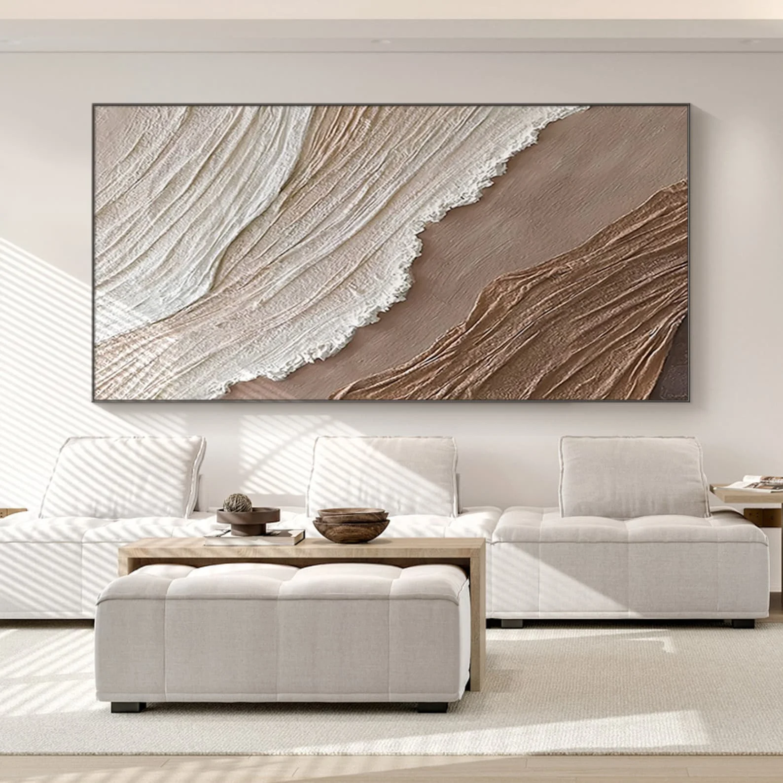Handmade Framed Abstract Brown White Beach Ocean Seascape Scenery Canvas Art 3D Texture Acrylic Painting for Wall Decoration
