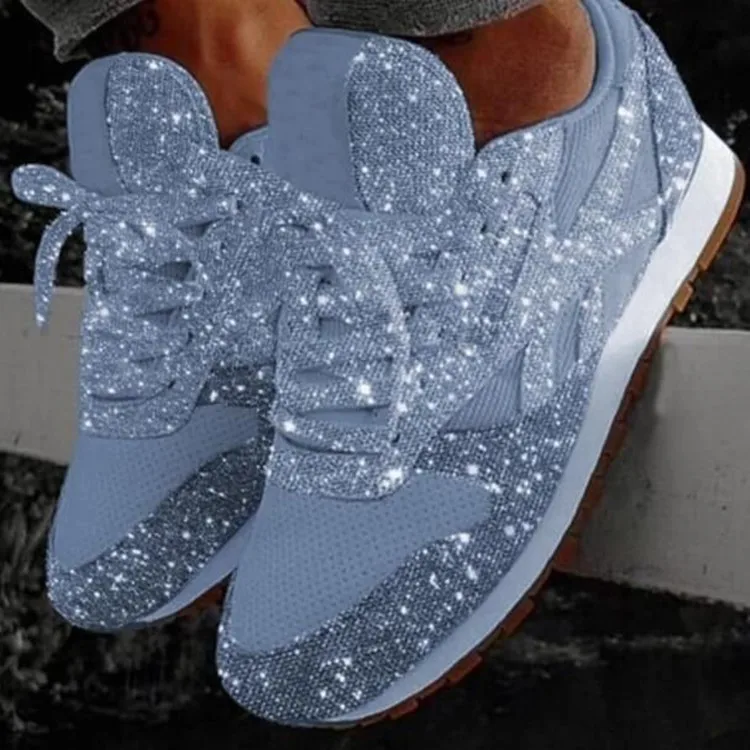 Women Flat Glitter Sneakers Casual Female Mesh Lace Up Bling Platform Comfortable Plus Size Vulcanized Crystal Shining Shoes New