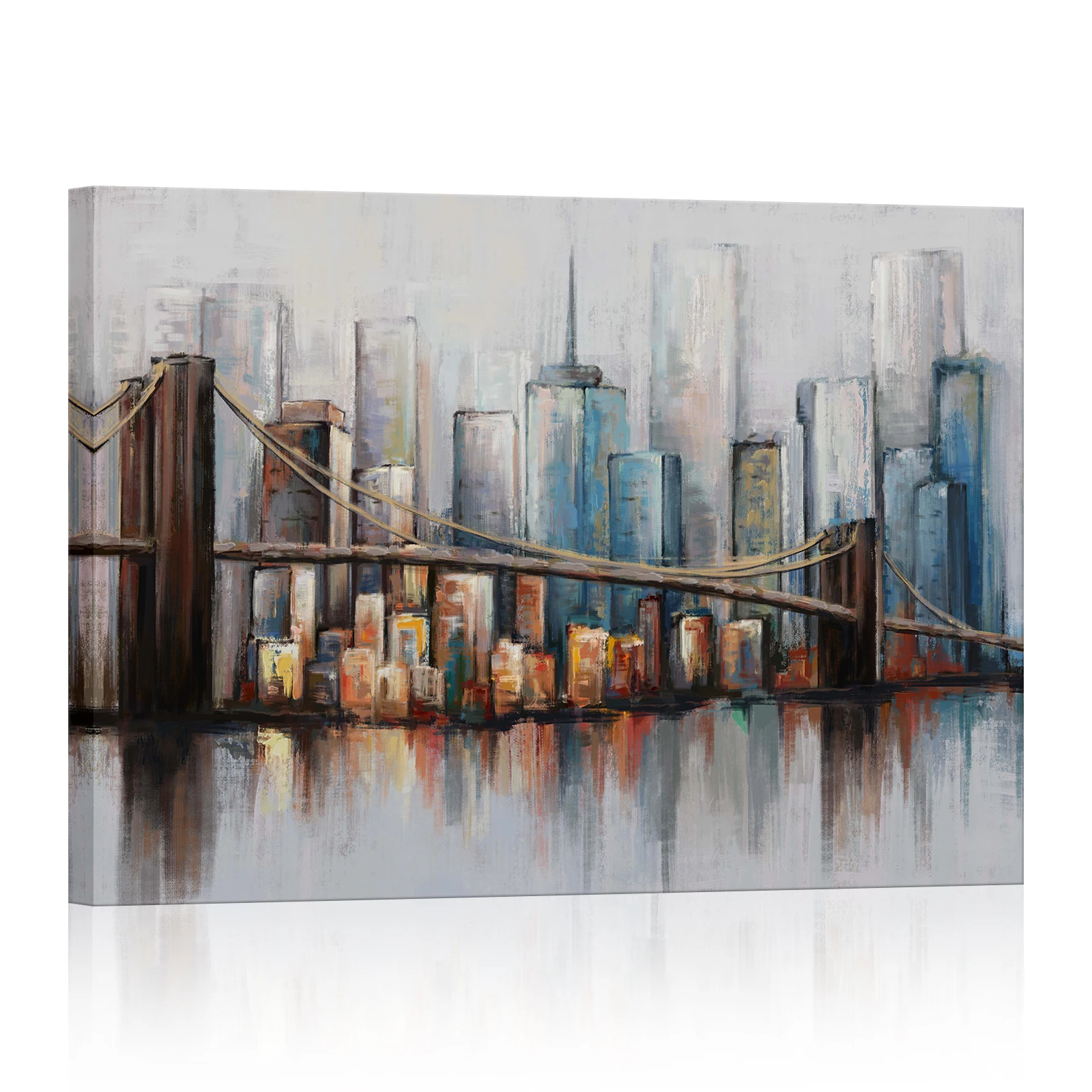 Panoramic New York City Skyline with Brooklyn Bridge Cityscape Painting Canvas Wall Art Print