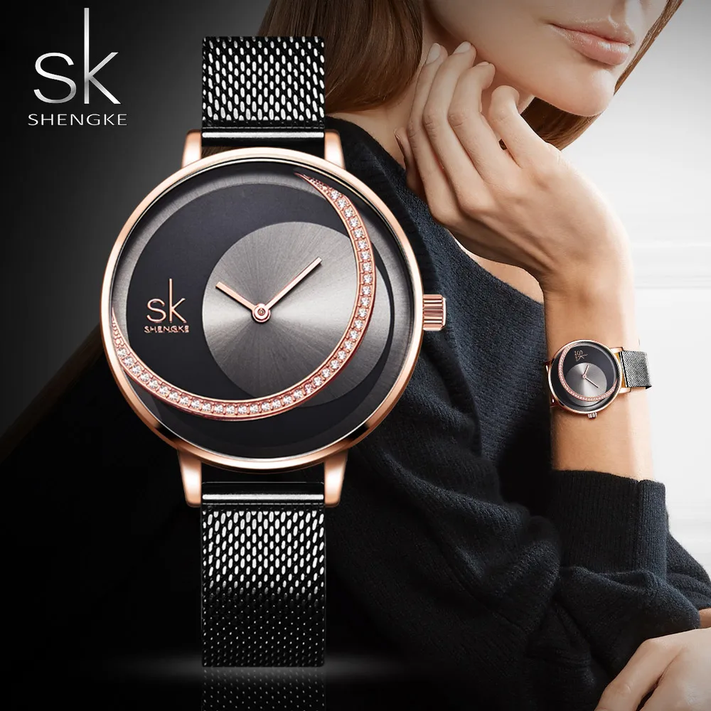  SHENGKE часы женские креативные черные сетчатые кварцевые Relogio Feminino Montre Femme