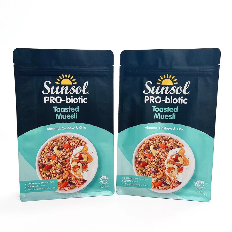 Custom Printed Plastic Smell Proof Flat Bottom Food Pouch Oat Fruit Muesli Packaging Bag