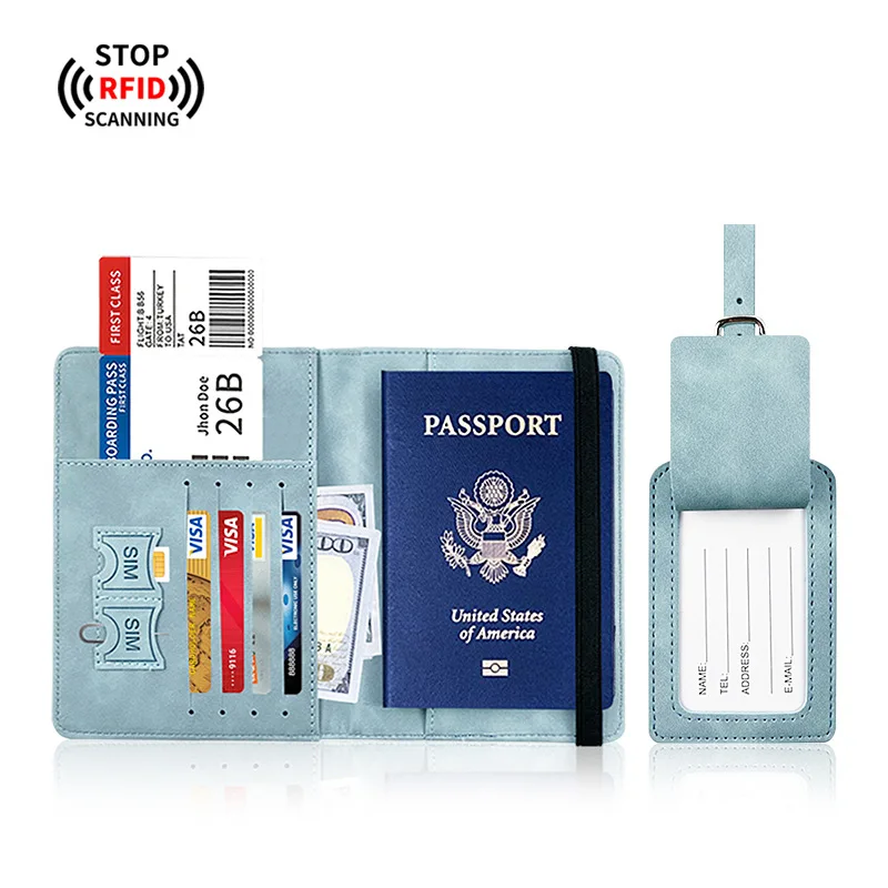 JUSTOP Wholesale Luxury Leather Customized Design Family RFID Holder Passport And Luggage Label Travel Set