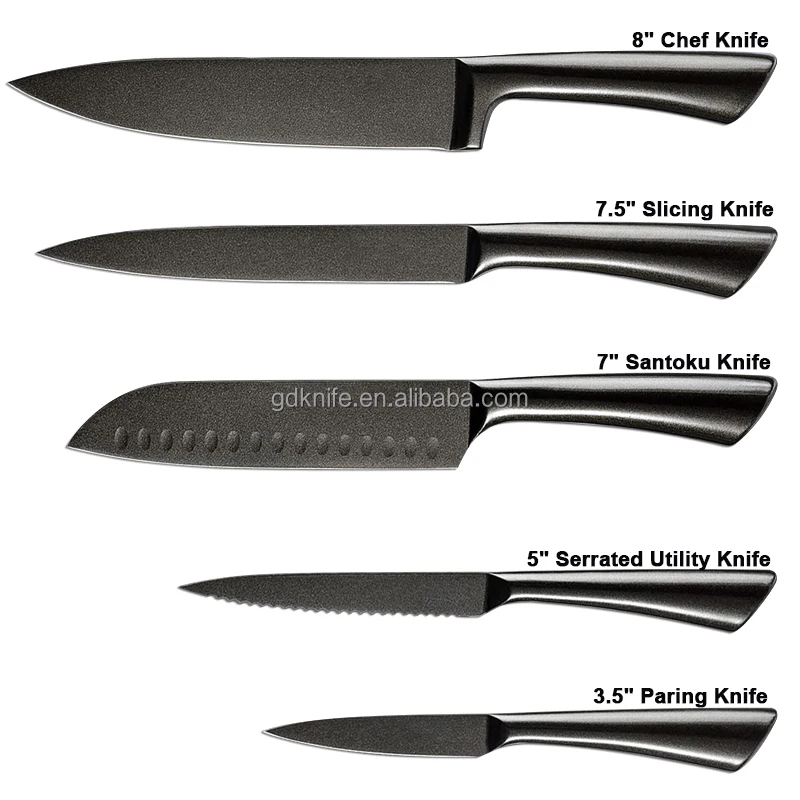Super sharp 5pcs Hollow Handle black coating Kitchen Knife set Stainless Steel chef Knives Set