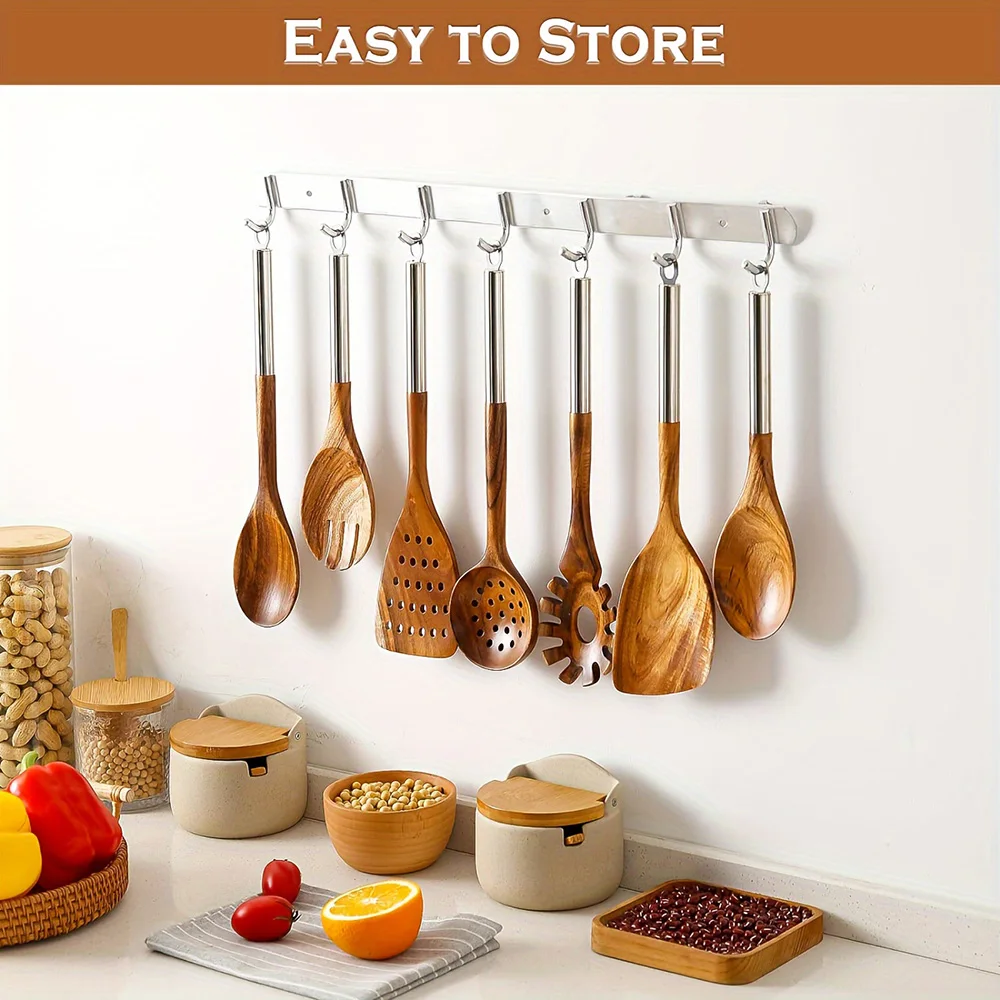 8 PCS Kitchen Cooking Wooden Spoon Spatula Natural Acacia Wood Utensils Set with Stainless Steel Handle