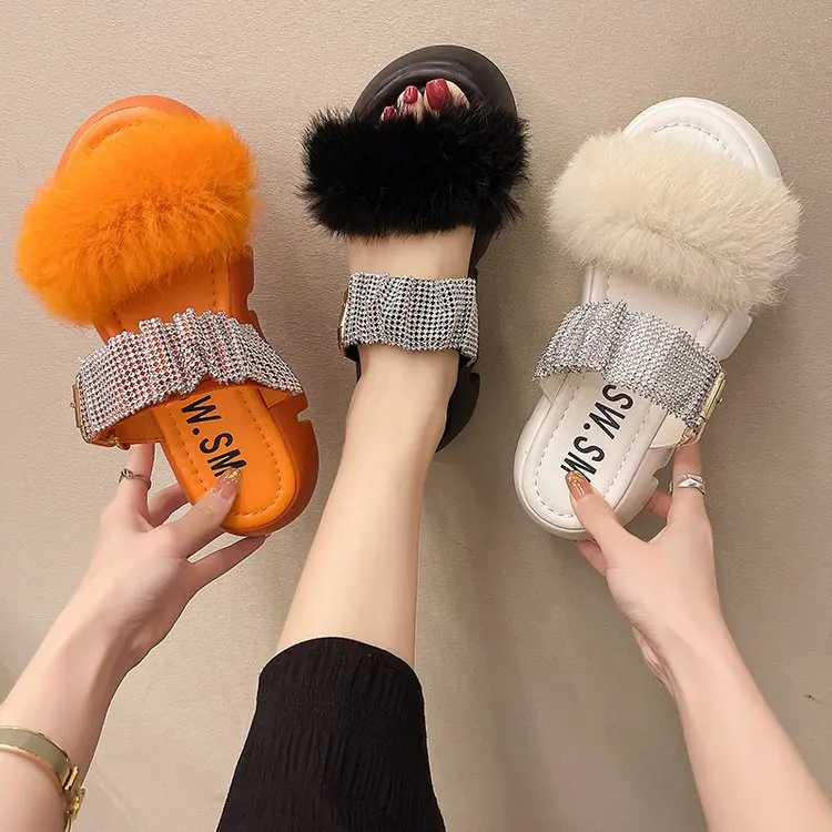 TX New Style Sequined rhinestone slippers Colored ladies outside winter platform slippers