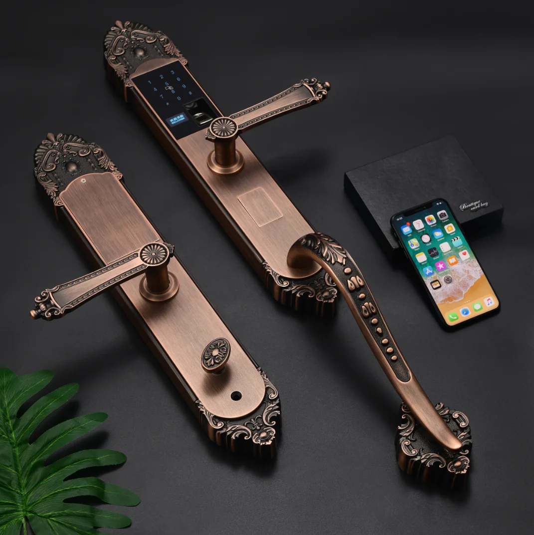 Однотонный кованый смарт-замок для двери из чистой меди с отпечатком пальца, античная латунь с ручкой, набор винтажных роскошных моделей