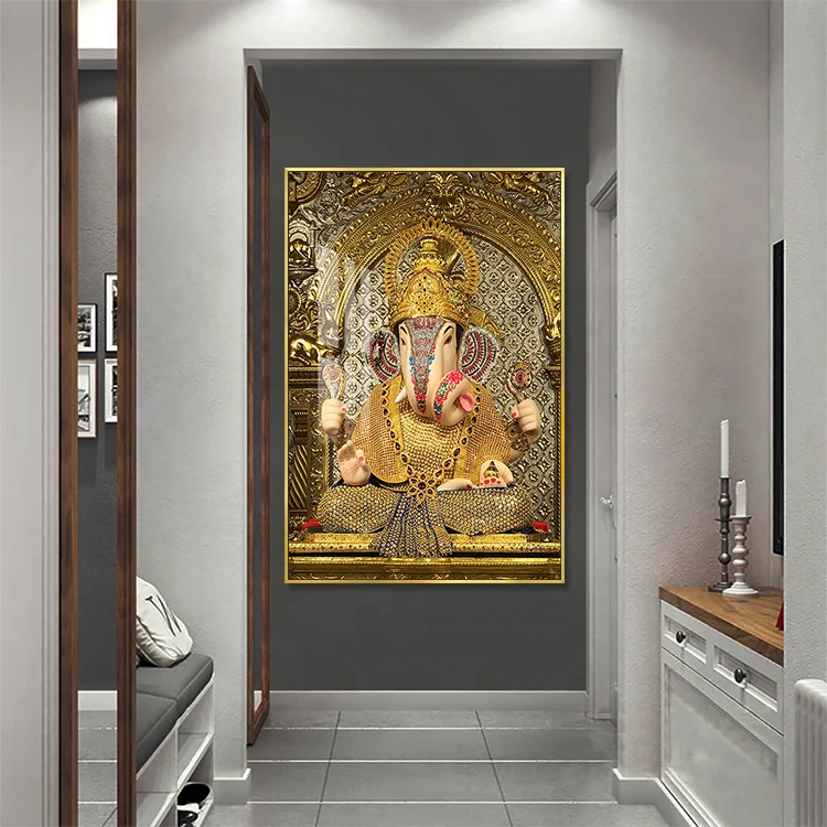 Religious Golden Elephant Decorative Paintings Crystal Porcelain Buddha Picture Lord Ganesha Wall Art For Home Decoration