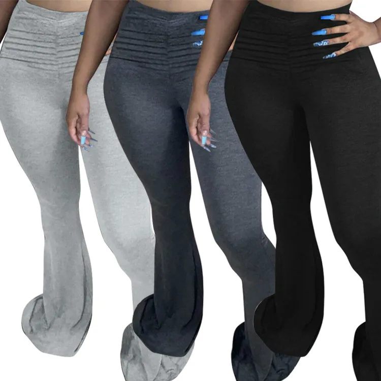 
2020 Flare Sweat Pants Women Bell Bottom Stacked Leggings Cotton Flared Wide Leg Elastic Waist Stretchy Flare Leg Yoga Pants 