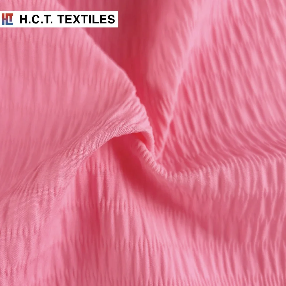 Подиумный дизайн розовый текстиль 140 г полиэстер спандекс seersucker смоченные платья ткань