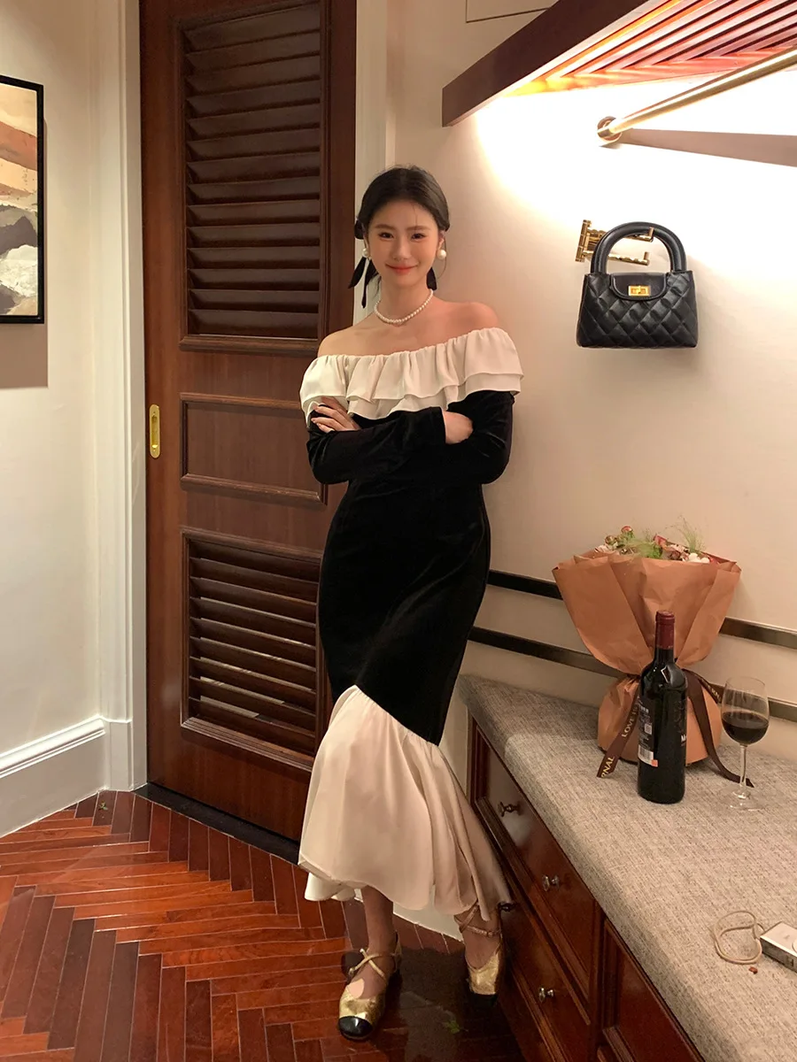 Winter slim-fit elegant elegant shoulder base velvet dress annual meeting fishtail long skirt