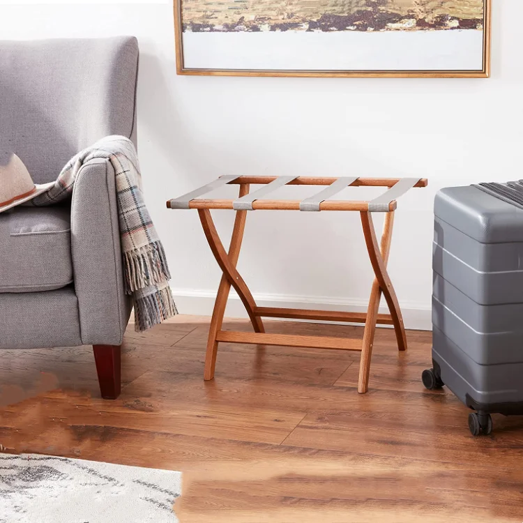 High quality oak double design suitcases rack foldable hotel wood baggage holder with shoes shelves